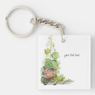 Watercolor Wren Bird Vineyard Grapes Leaves Winery Keychain