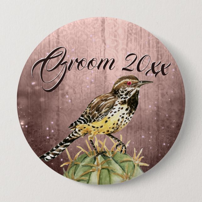 Watercolor Wren on Cactus Wedding 4 Inch Round Button (Front)