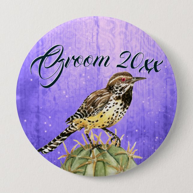 Watercolor Wren on Cactus Wedding 4 Inch Round Button (Front)