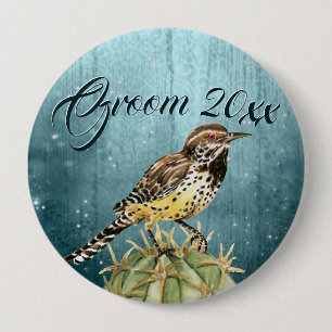 Watercolor Wren on Cactus Wedding 4 Inch Round Button