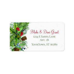 Watercolor Xmas Greenery Red Script Return Address Label