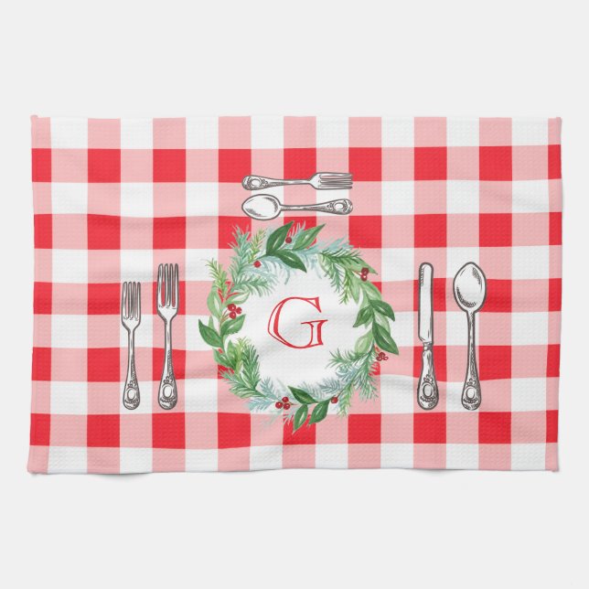Watercolor Xmas Wreath MONOGRAM Red Check  Kitchen Towel (Horizontal)