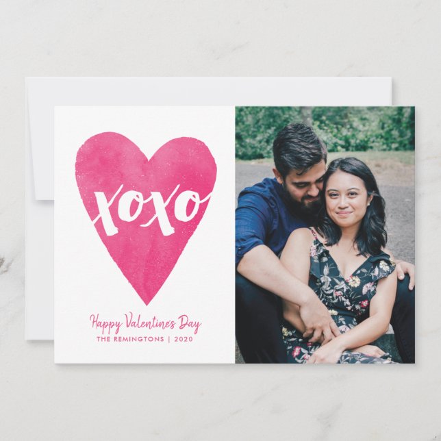Watercolor XOXO Valentine's Day Photo Card - Pink (Front)