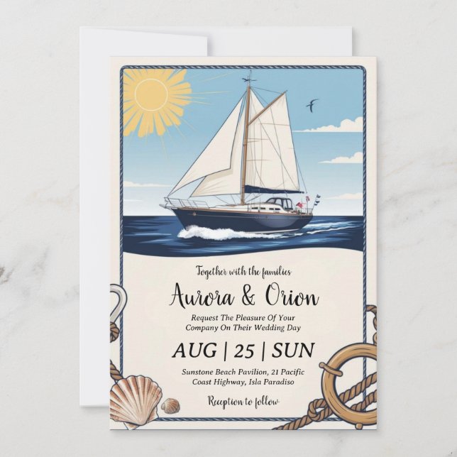 watercolor yacht wedding invitations (Front)