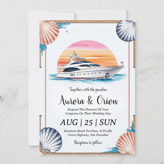 watercolor yacht wedding invitations (Front)