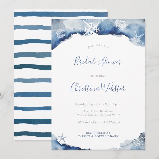 Watercolor Yachting Indigo Grey Bridal Shower Invitation (Front/Back)