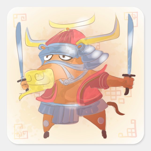 Watercolor Year of the Ox, Samurai Square Sticker (Front)