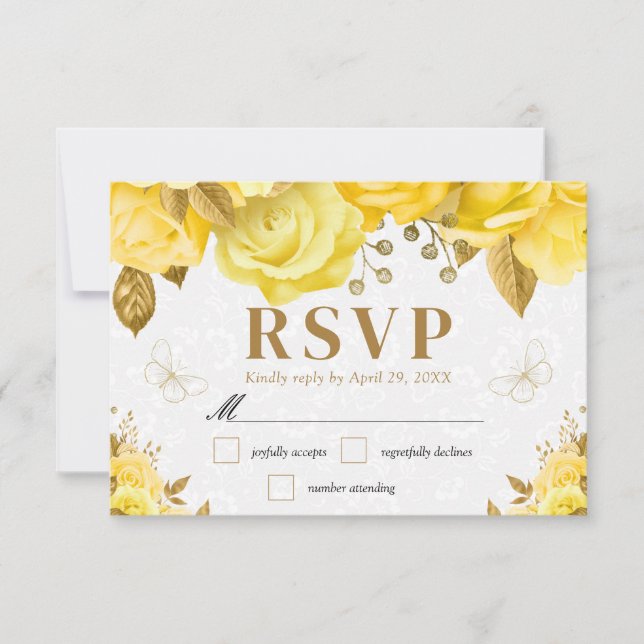 Watercolor Yellow and Gold Roses Wedding RSVP Card (Front)