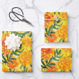 Watercolor Yellow and Orange Marigold Type Flowers Wrapping Paper Sheet