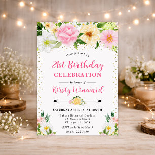 Watercolor Yellow and Pink Flowers 21st birthday Invitation