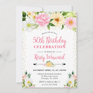 Watercolor Yellow and Pink Flowers 50th birthday Invitation
