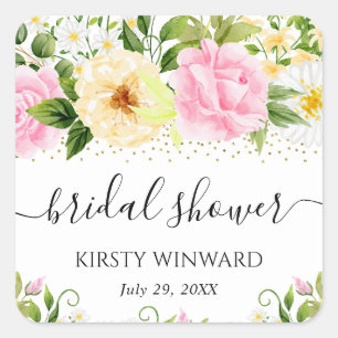 Watercolor Yellow and Pink Flowers Bridal Shower Square Sticker