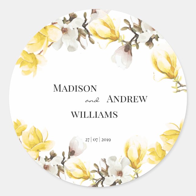Watercolor Yellow and White Magnolia Blossom Classic Round Sticker (Front)