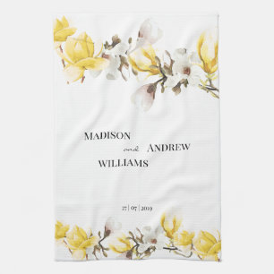Watercolor Yellow and White Magnolia Blossom Kitchen Towel