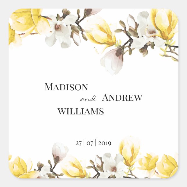 Watercolor Yellow and White Magnolia Blossom Square Sticker (Front)