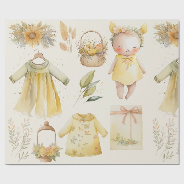 Watercolor yellow baby supplies wrapping paper (Flat)