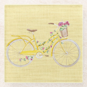 Watercolor Yellow Bike Glass Coaster