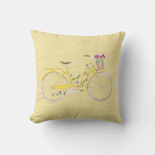 Watercolor Yellow Bike Throw Pillow (Front)