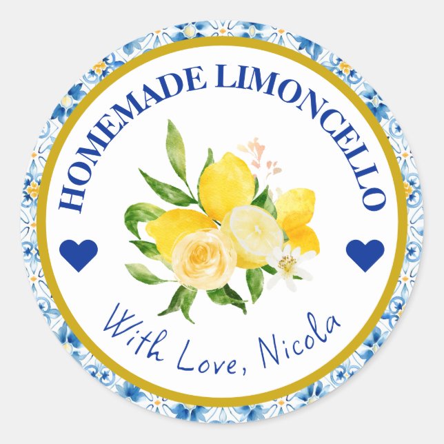 Watercolor Yellow & Blue Homemade Limoncello Classic Round Sticker (Front)