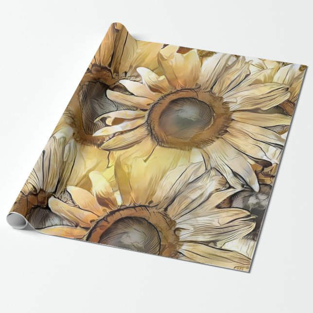 Watercolor Yellow Bouquet Sunflowers Collection Wrapping Paper (Unrolled)
