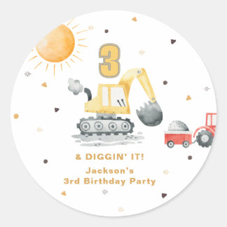 Watercolor Yellow Construction 3rd Brithday Classic Round Sticker