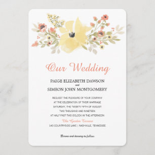 Watercolor Yellow Coral Spring Blossoms Wedding Invitation