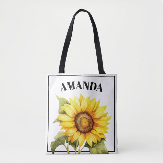 Watercolor Yellow Custom Curved Name Sunflower Tote Bag (Front)