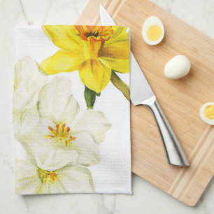 Watercolor Yellow Daffodil Botanical Illustration  Kitchen Towel