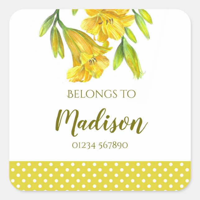 Watercolor Yellow Day Lilies Floral Art Square Sticker (Front)