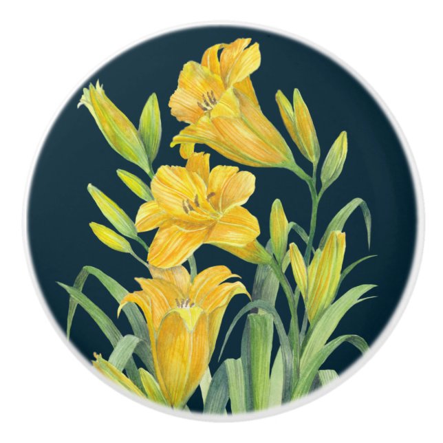 Watercolor Yellow Day Lilies Floral Illustration Ceramic Knob (Front)