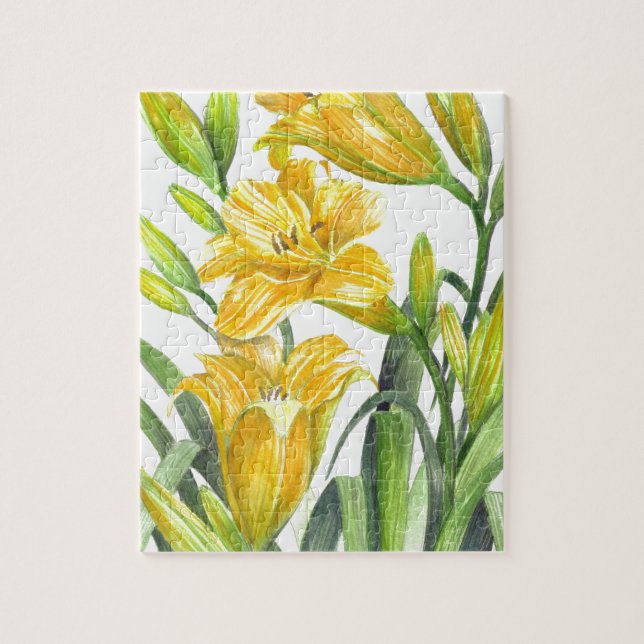 Watercolor Yellow Day Lilies Floral Illustration Jigsaw Puzzle (Vertical)