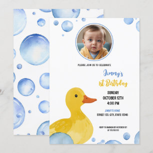Watercolor Yellow Duck Baby Boy Photo Birthday Invitation