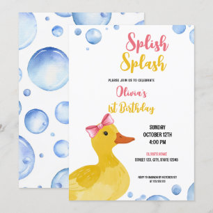Watercolor Yellow Duck Baby Girl Birthday Invitation