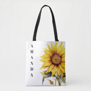 Watercolor Yellow Elegant Custom Name Sunflower Tote Bag