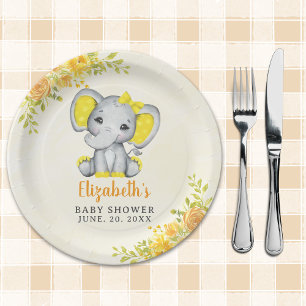 Watercolor Yellow Elephant Baby shower Girl Paper Plate