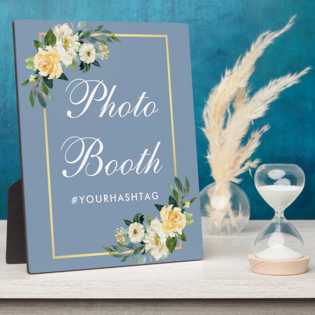 Watercolor Yellow Floral Dusty Blue Photo Booth Plaque (Side)