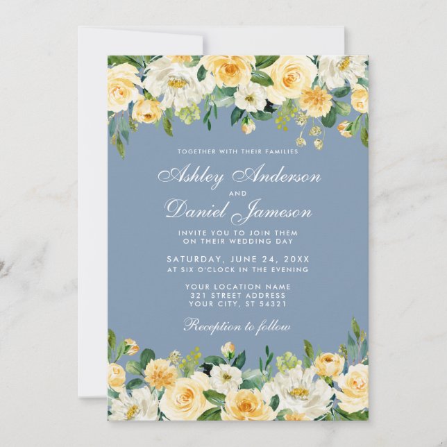 Watercolor Yellow Floral Dusty Blue Wedding Invitation (Front)