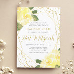 Watercolor Yellow Floral Gold Bat Mitzvah Invitation<br><div class="desc">A beautiful yellow watercolor floral Bat Mitzvah invitation template. This elegant design features yellow watercolor flowers,  faux gold geometric frame and confetti glitter border.</div>