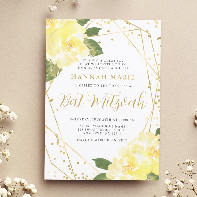 Watercolor Yellow Floral Gold Bat Mitzvah Invitation (Creator Uploaded)