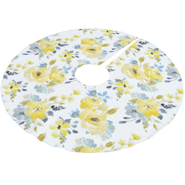 Watercolor Yellow Floral Pattern Brushed Polyester Tree Skirt (Angled)