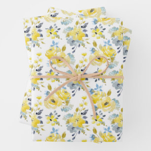 Watercolor Yellow Floral Pattern Wrapping Paper Sheet