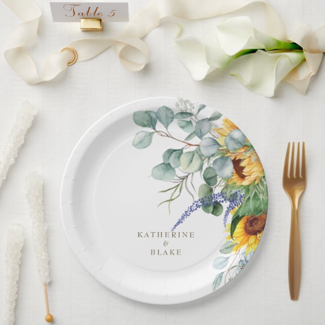 Watercolor Yellow Floral Personalized Wedding Paper Plate (Wedding)