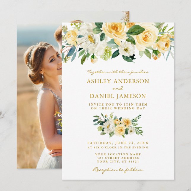Watercolor Yellow Floral Photo Gold Wedding Invitation (Front/Back)