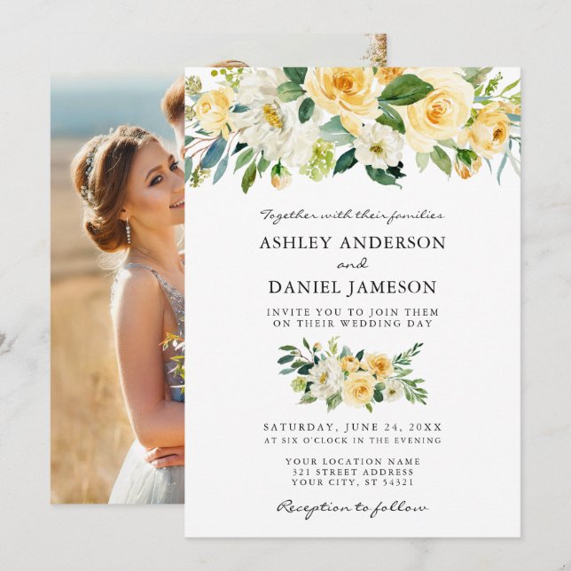 Watercolor Yellow Floral Photo Wedding Invitation (Front/Back)