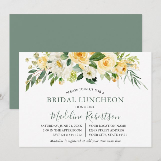 Watercolor Yellow Floral Sage Green Bridal Lunch Invitation (Front/Back)