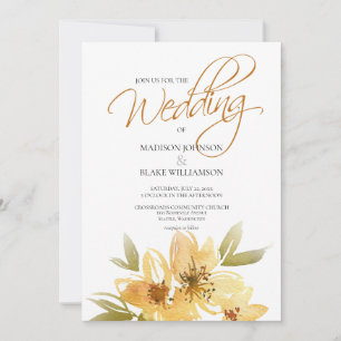 Watercolor Yellow Floral Typography Wedding Invitation