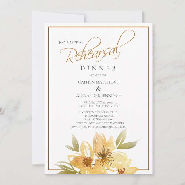 Watercolor Yellow Floral Wedding Rehearsal Dinner  Invitation (Front)