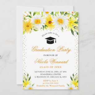Watercolor Yellow Flowers and Daisies Graduation Invitation