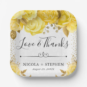 Watercolor Yellow Glam Roses Wedding Paper Plate