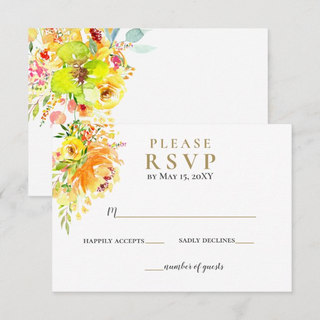 Watercolor Yellow Gold Floral Rustic Wedding  RSVP Card (Front/Back)
